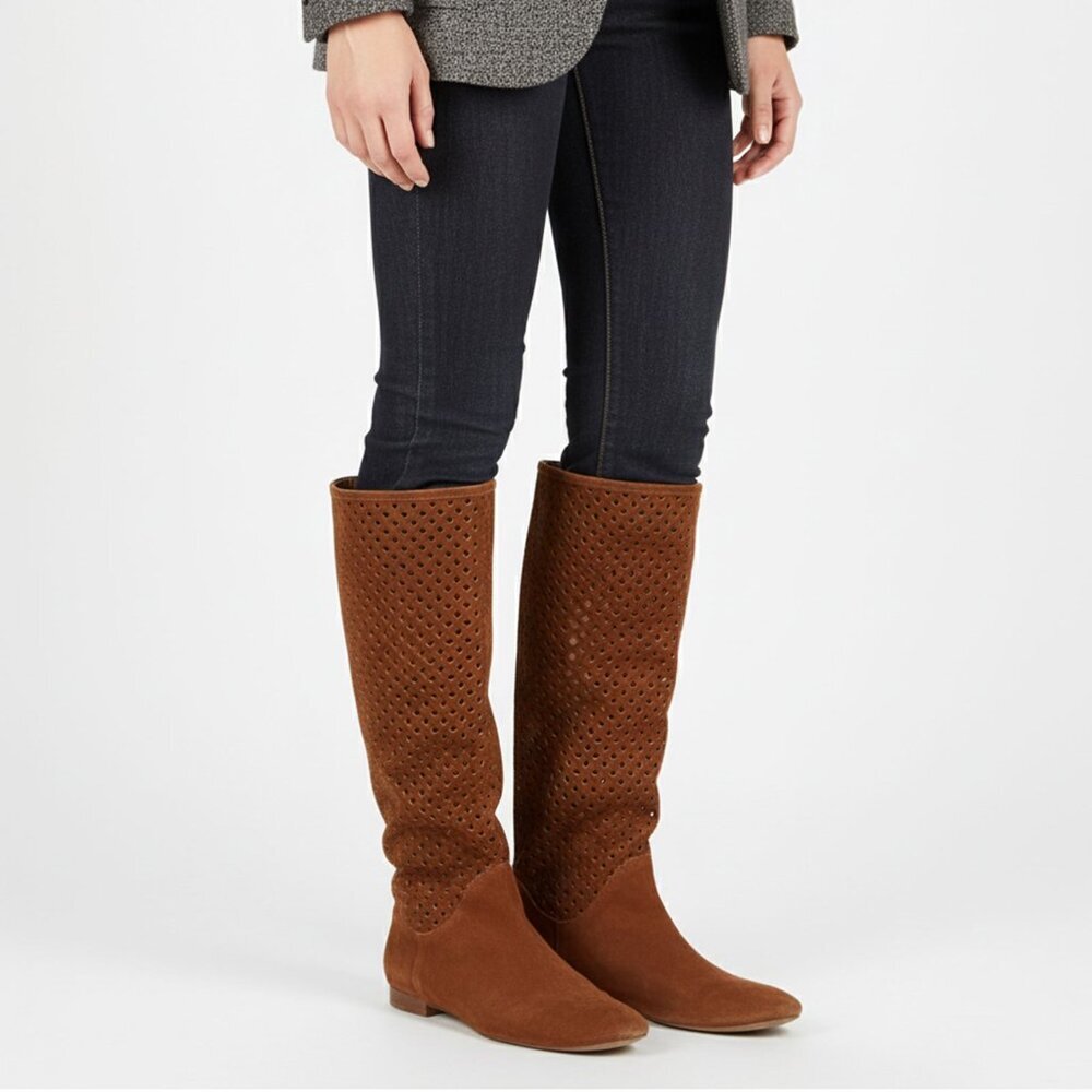 Fratelli Rossetti Suede Laser Cut Boots Knee High Brown Flats Leather Designer